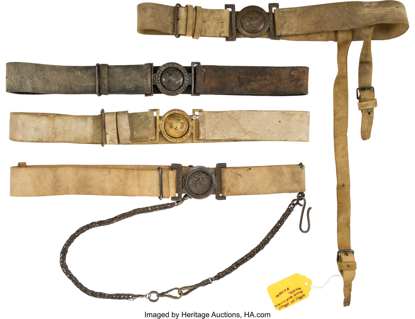 Four 19th Century Militia Waist Belt Plates and : Four 19th Century Militia Waist Belt Plates and Belts. Including: 1) Pennsylvania Militia State Fencibles "S.F" waist belt plate, gilt die-struck brass. 1 3/4