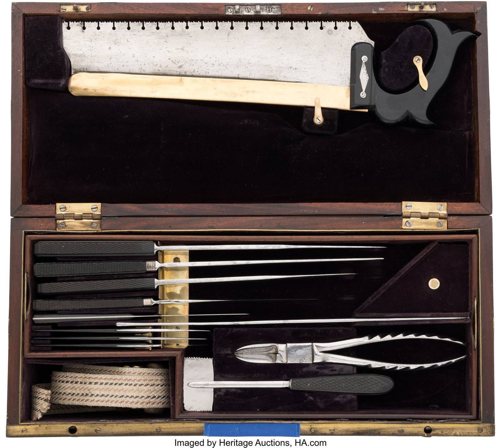 19th Century General Surgery/Amputation Kit. : 19th Century General Surgery/Amputation Kit. Complete with over 20 instruments, accessories and attachments in a fitted wooden case. The figured wooden case measures approximat