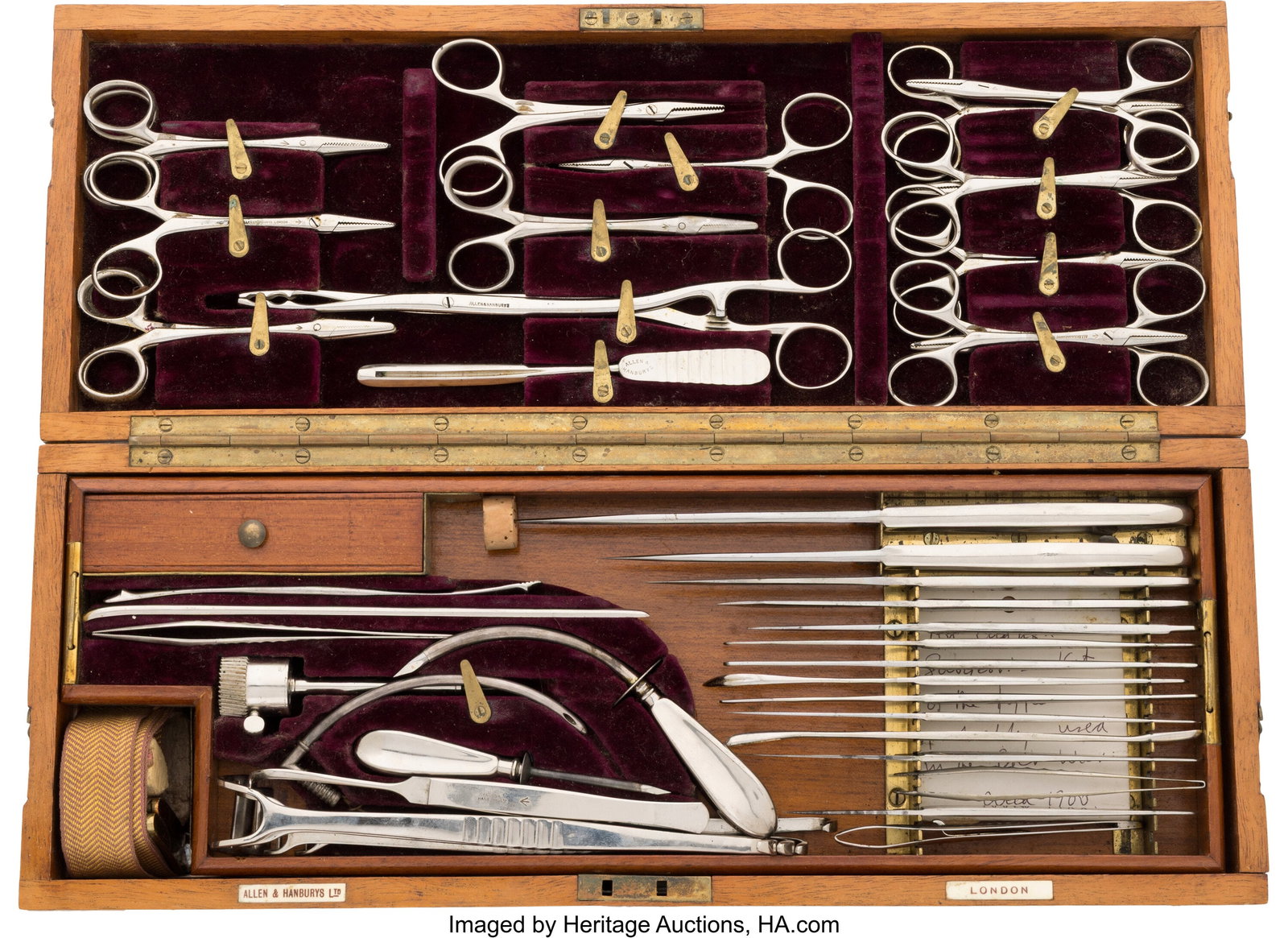 19th Century British Military General Surgical/A: 19th Century British Military General Surgical/Amputation Field Kit Manufactured by Allen & Handburys, LTD, London. A superb example with scores of tools, accessories 