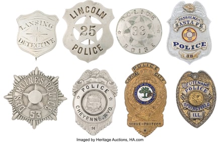 40148: Lot of Eight Law Enforcement Badges, Circa Late