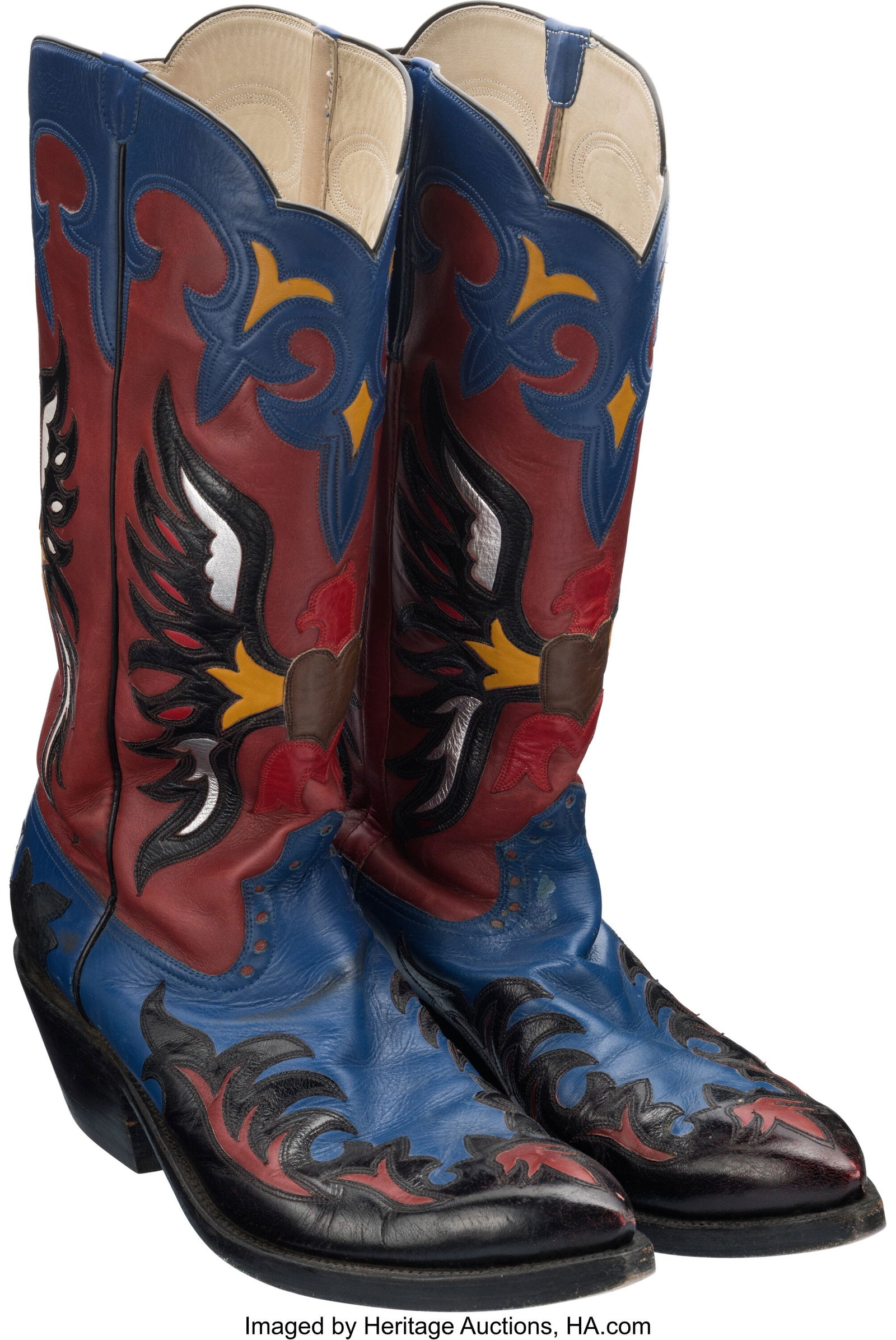 Joe Bowman Personally Worn / Handmade "Flying He: Joe Bowman Personally Worn / Handmade "Flying Heart" Themed Cowboy Boots. Center of the boots feature a "Flying Heart", as he calls it according to family notes. Resembles a si
