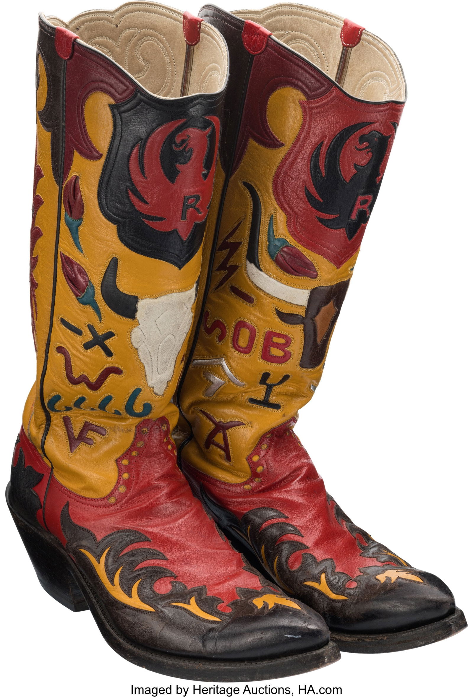 Joe Bowman Personally Worn / Handmade "Buffalo S: Joe Bowman Personally Worn / Handmade "Buffalo Skull" and Ruger Themed Cowboy Boots. Center of the boots feature a "Buffalo Skull", as he calls it according to family notes. Ea