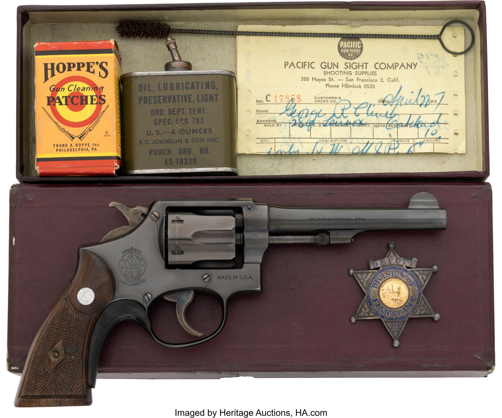Boxed Smith & Wesson Military and Police (M&P) D: Boxed Smith & Wesson Military and Police (M&P) Double Action Revolver with Badge from Fish & Game Warden. Serial no. S814627 [base of barrel and butt]&c