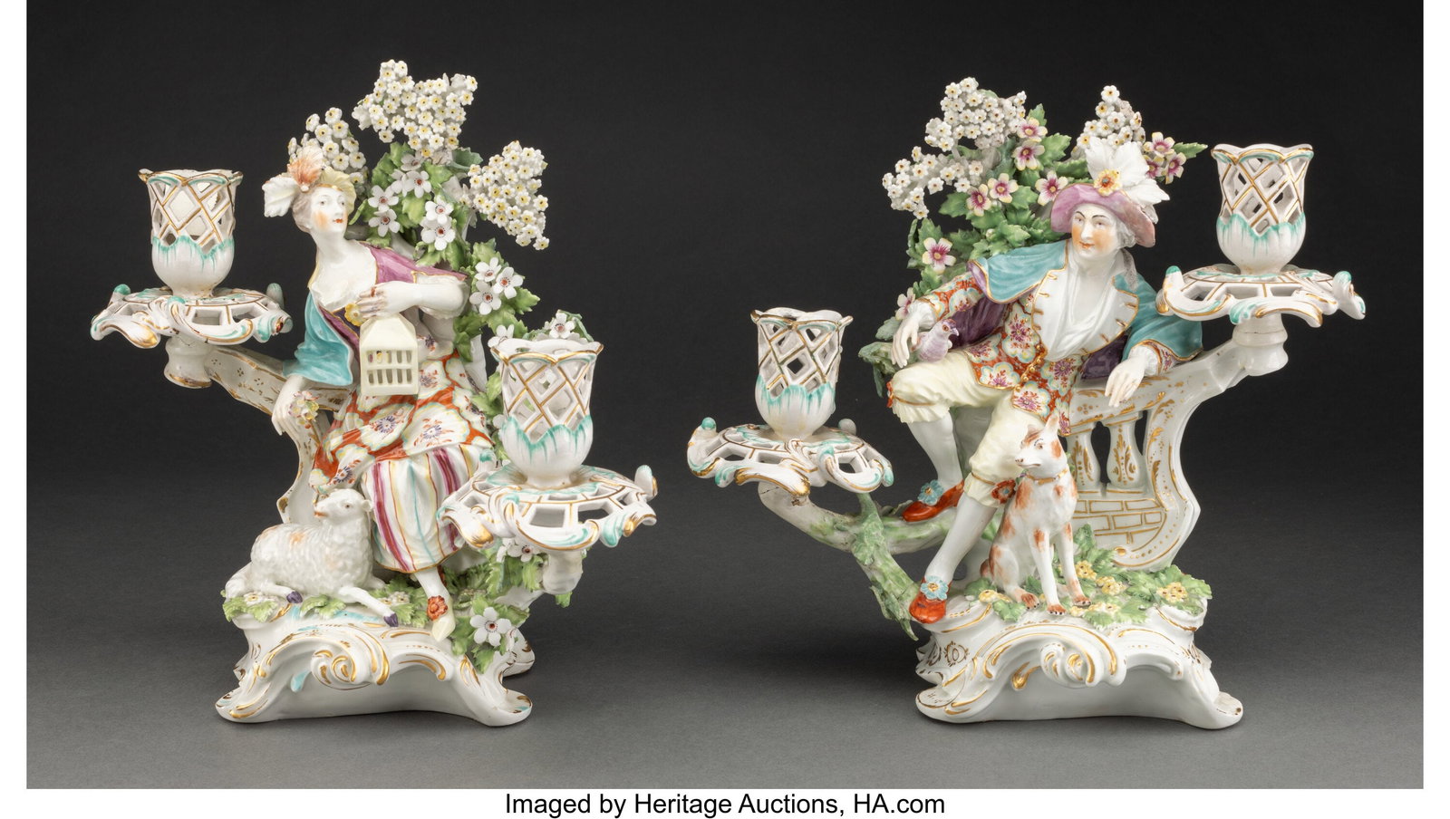 A Pair of Chelsea-Derby Porcelain Factory Partia: A Pair of Chelsea-Derby Porcelain Factory Partial Gilt Porcelain Figural Two-Light Candelabra, 19th century Marks to one: X 10-1/4 x 11 x 6 inches (26.0 x 27.9 x 15&