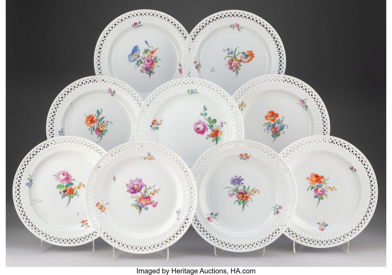A Set of Nine KPM Reticulated Enameled Porcelain: A Set of Nine KPM Reticulated Enameled Porcelain Floral Dinner Plates Marks: (scepter), KPM 1-1/2 x 9-1/2 inches (3.8 x 24.1 cm) (each,