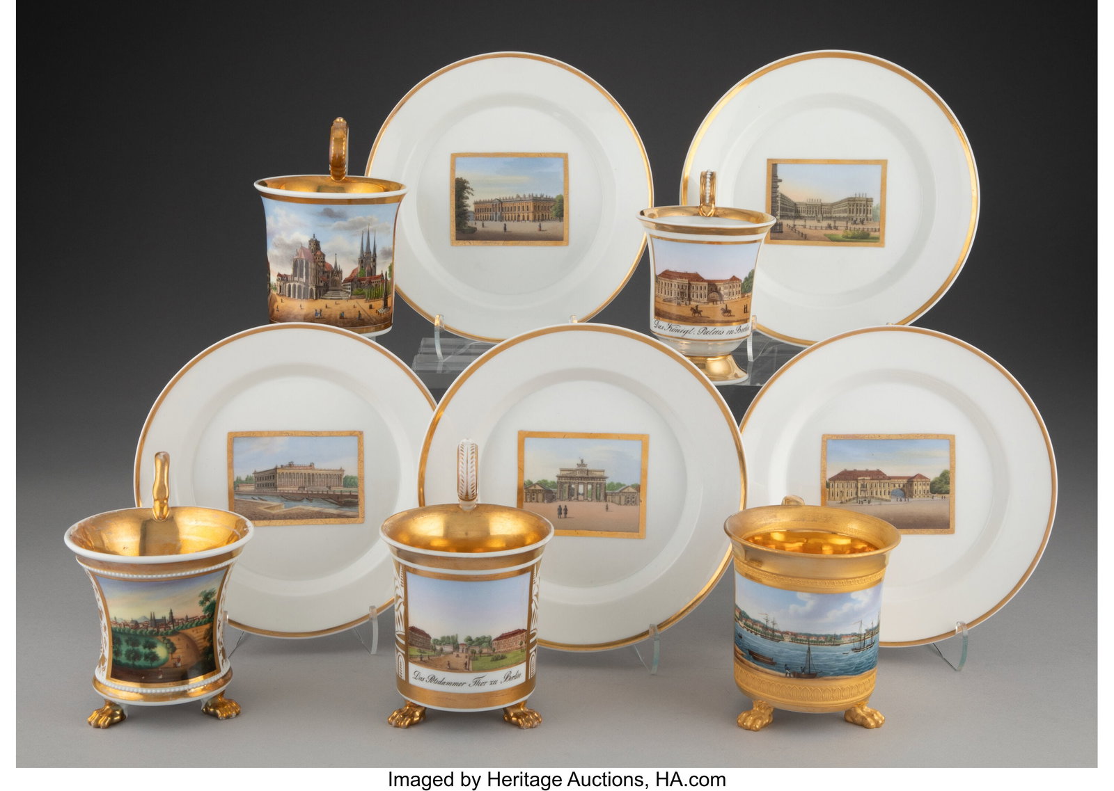 A Collection of Five Porcelain Portrait Cups, ci: A Collection of Five Porcelain Portrait Cups, circa 1830 and later Marks: (factory mark in blue underglaze), V. Scharnhorst. 5-1/4 x 3-5/8 x 4-3/8