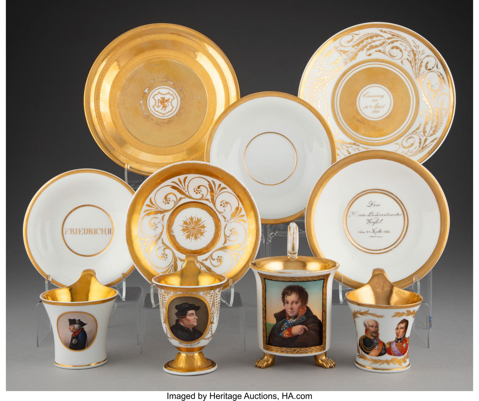 Four German Partial Gilt Porcelain Coffee Cups a: Four German Partial Gilt Porcelain Coffee Cups and Six Saucers, early 19th century Marks: (various) 5-1/2 x 3-5/8 x 4-5/8 inches (14.0 x 9.2 x 11&p