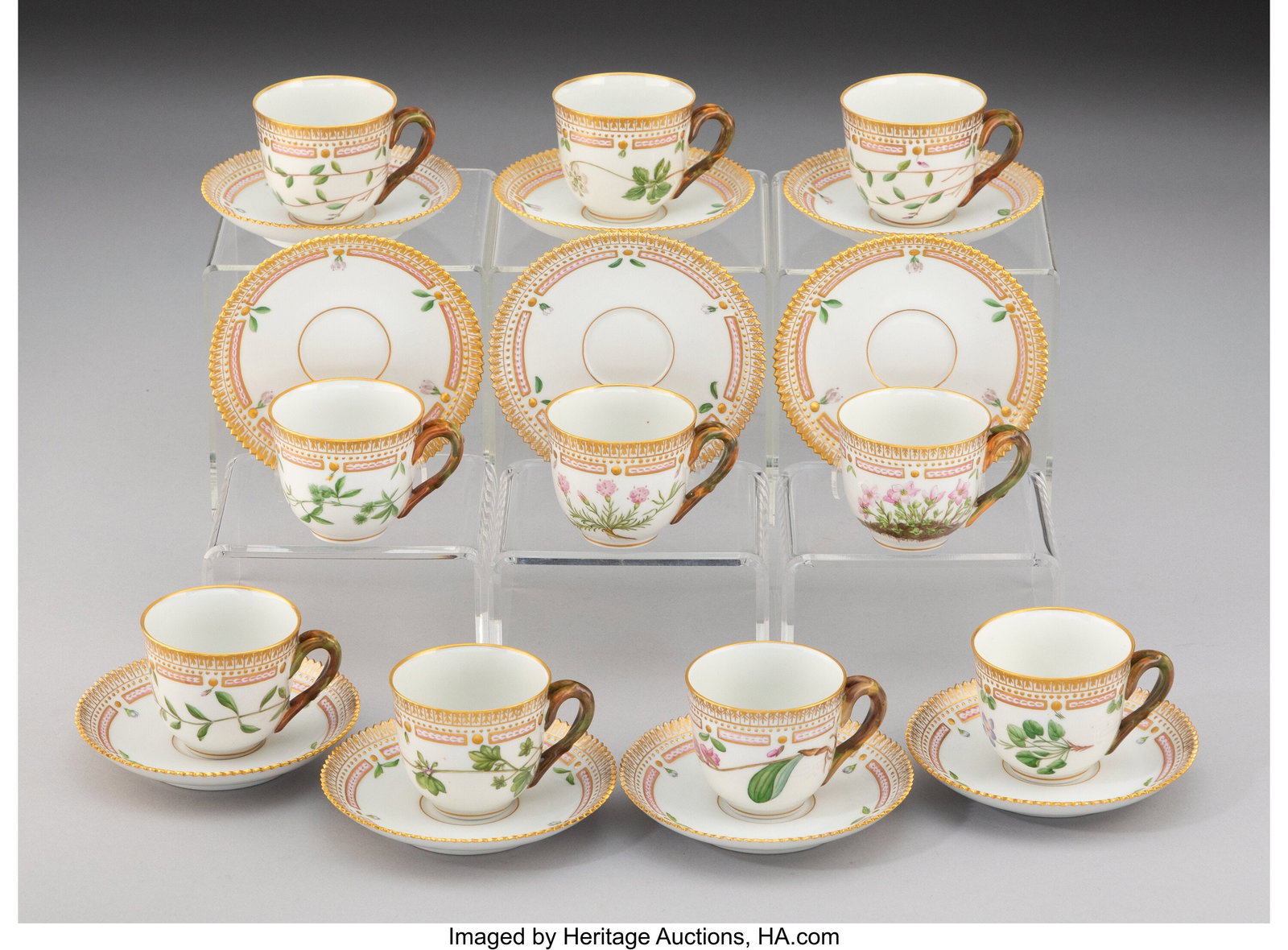 A Set of Ten Royal Copenhagen Flora Danica Patte: A Set of Ten Royal Copenhagen Flora Danica Pattern Partial Gilt Porcelain Cups and Saucers, 1951-1968 Marks: ROYAL (crown) COPENHAGEN DENMARK, (waves), 20&c