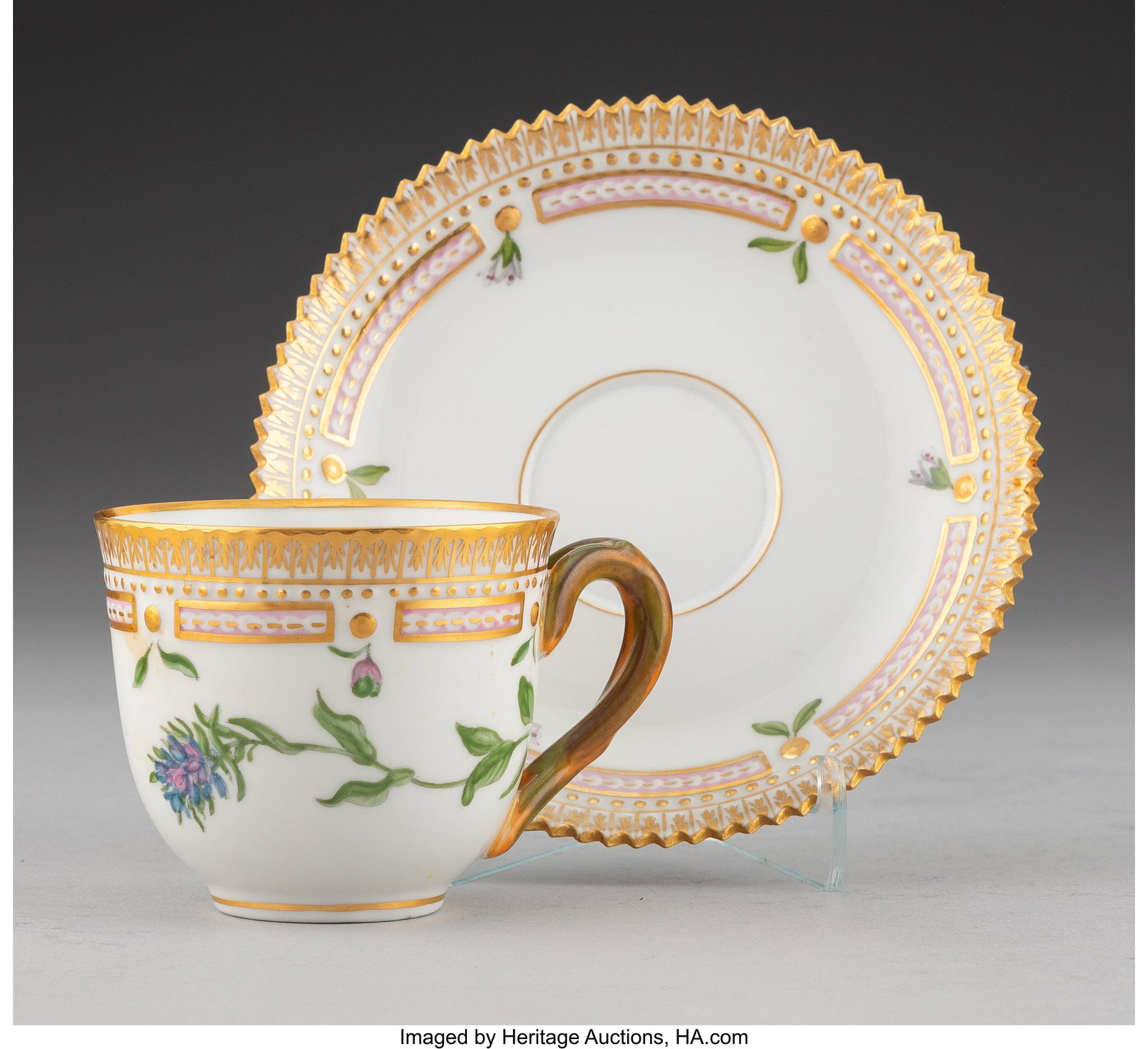 A Royal Copenhagen Flora Danica Pattern Partial: A Royal Copenhagen Flora Danica Pattern Partial Gilt Porcelain Mocha Cup and Saucer Set, 1963 Marks: ROYAL (crown) COPENHAGEN DENMARK, (waves), 20, 36