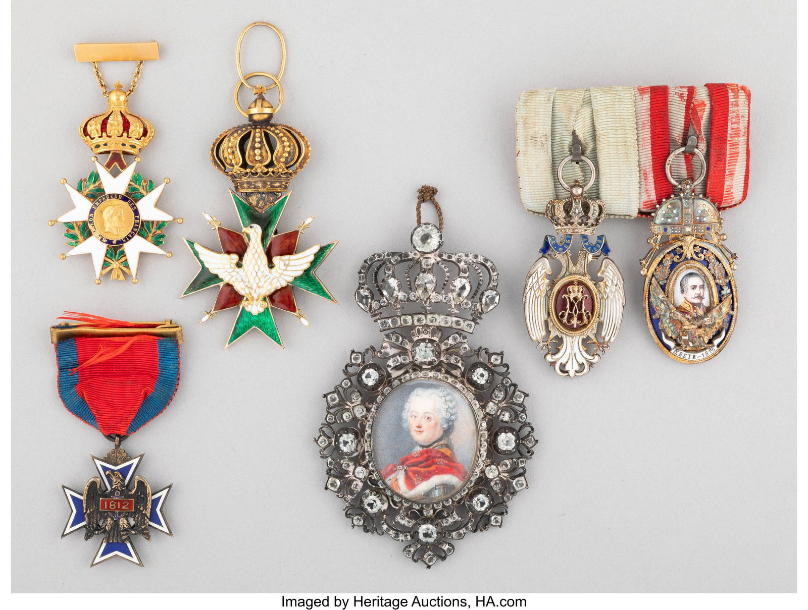 A Collection of Five Medals and a Portrait Penda: A Collection of Five Medals and a Portrait Pendant, 19th century 4-1/8 x 2-3/4 x 0-1/2 inches (10.5 x 7.0 x 1.3 cm) (largest, pendant)