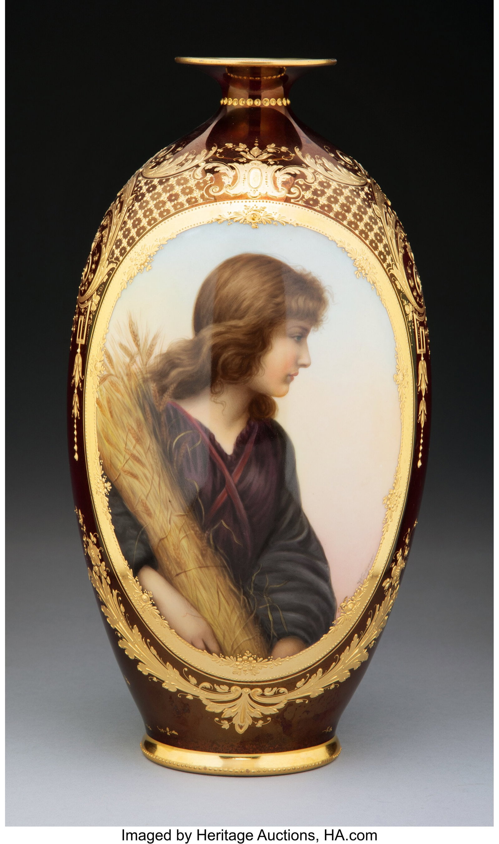 A Royal Vienna-Style Partial Gilt Porcelain Port: A Royal Vienna-Style Partial Gilt Porcelain Portrait Vase: Ruth, circa 1900 Signed: Wagner Marks: D& Co. FRANCE, (beehive) 11-1/4 x 6-1/4 inc