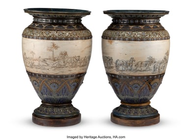61155&colon; A Pair of Hannah Barlow Glazed Earthenware Vases for Doulton Lambeth