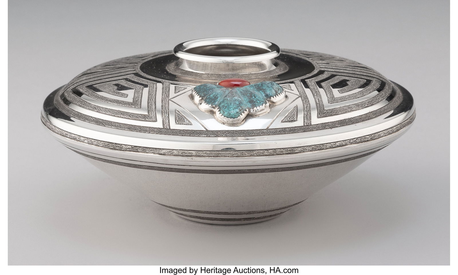 70001: A Southwest Etched Silver Seed Jar White Buffal