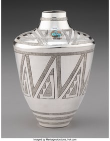 70002: A Southwest Etched Silver Vase White Buffalo (M