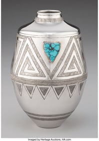 70003: A Southwest Etched Silver Vase White Buffalo (