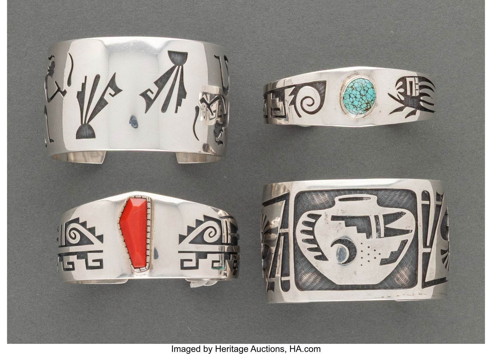 Four Hopi Bracelets  c. 1975  one stamped with a (1 of 2)
