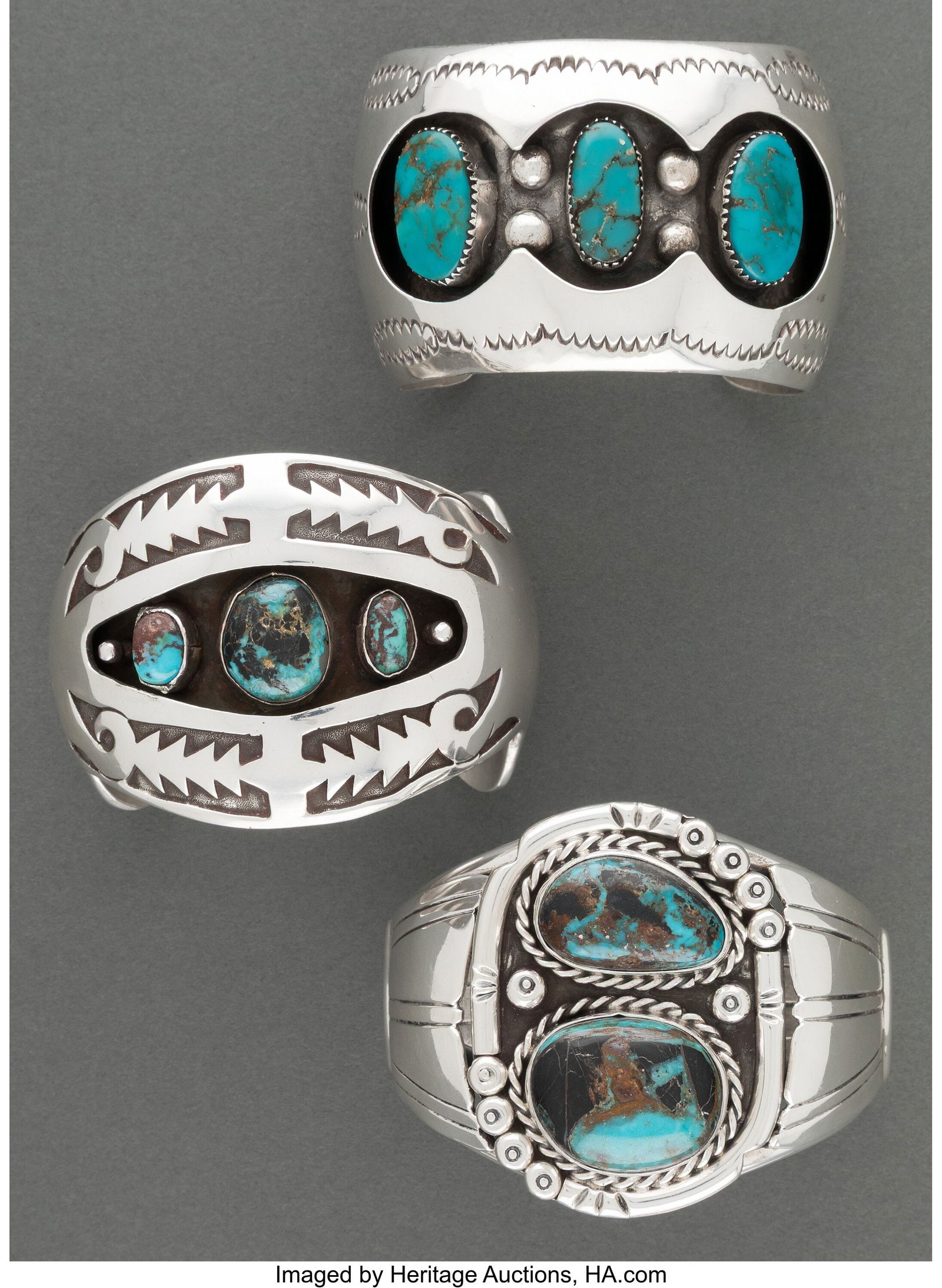 Three Navajo Cuff Bracelets  c. 1985  one stampe (1 of 2)