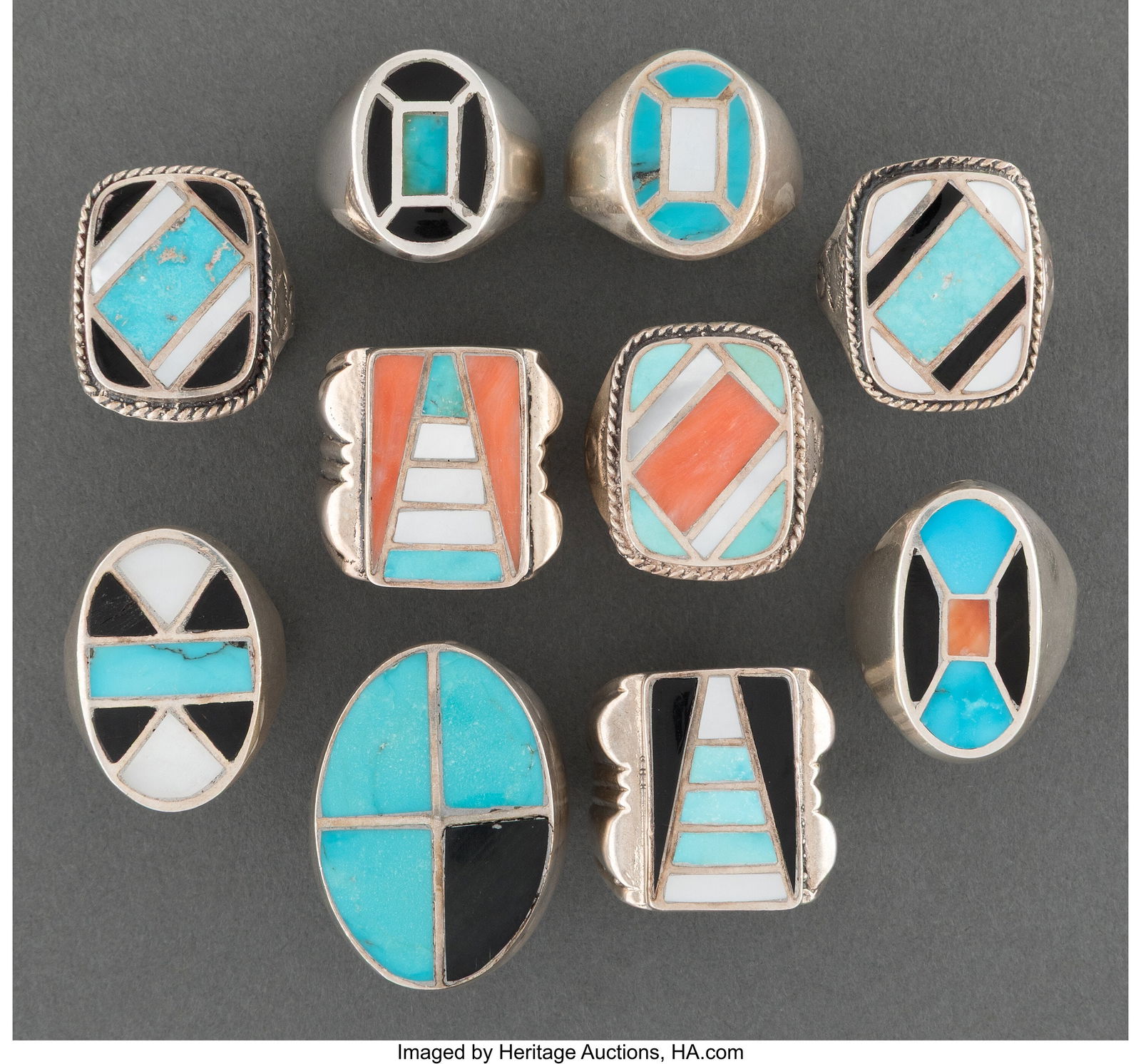 Ten Zuni Men's Rings  c. 1990  silver, turquoise (1 of 2)