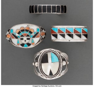 70024: Four Zuni Style Bracelets c. 1940 - 1960 silve