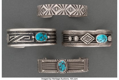 70027: Four Navajo Bracelets c. 1970 one stamped Ron