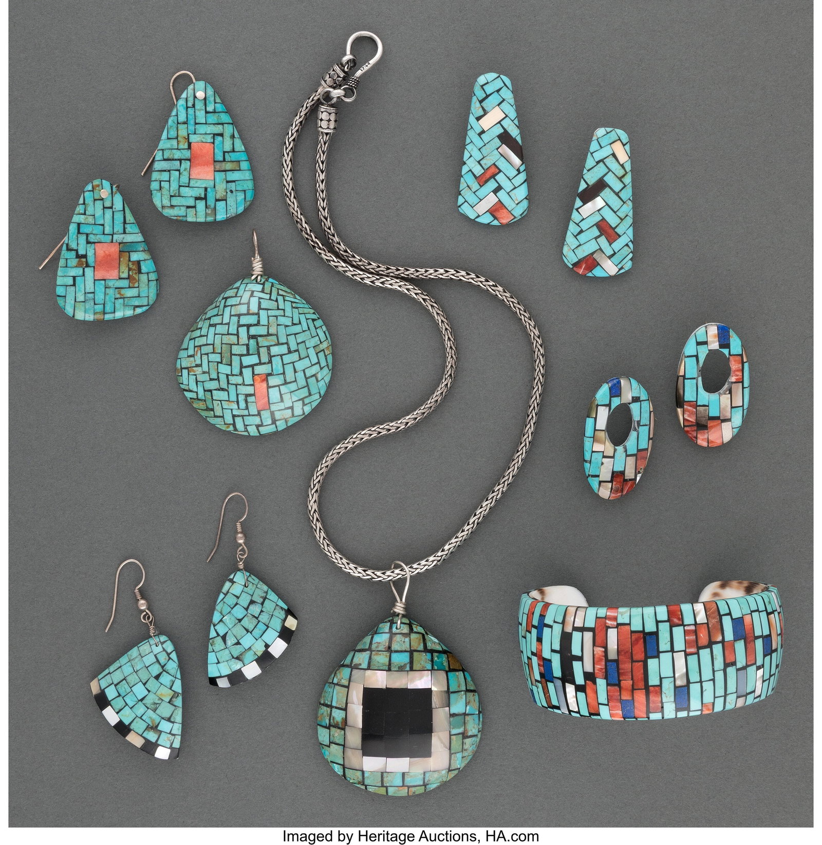 Seven Santo Domingo Jewelry Items Reano Family : Seven Santo Domingo Jewelry Items Reano Family c. 1995 including a pendant, necklace, and cuff bracelet, and four sets of earrings; silver, turquoise, spiny o