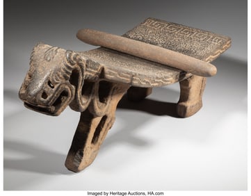 70316: A Magnificent Jaguar Form Metate and Bar Pestle