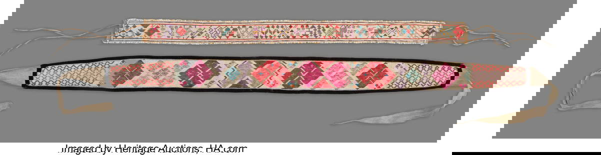 70225&colon; Two Athabaskan Quilled Hide Belts or Tump Lines : Two Athabaskan Quilled Hide Belts or Tump Lines c&period; 1900 hide&comma; velvet cloth&comma; natural and dyed porcupine quills&comma; pony beads&comma; cotton string Provenance&colon; Property to be