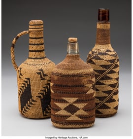 70146: Three Northern California Twined Basketry Bottle
