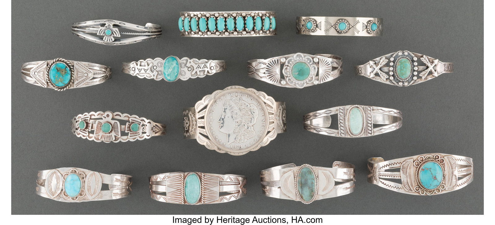 Fourteen Southwest Bracelets c. 1920 silver, t: Fourteen Southwest Bracelets c. 1920 silver, turquoise, Morgan silver dollar Widths: ranging from 2 &frac14; to 2 &frac12; inches HID03101062020 © 2024 