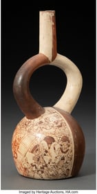 70328: A Moche Fine-Line Stirrup Vessel with Battle Sce