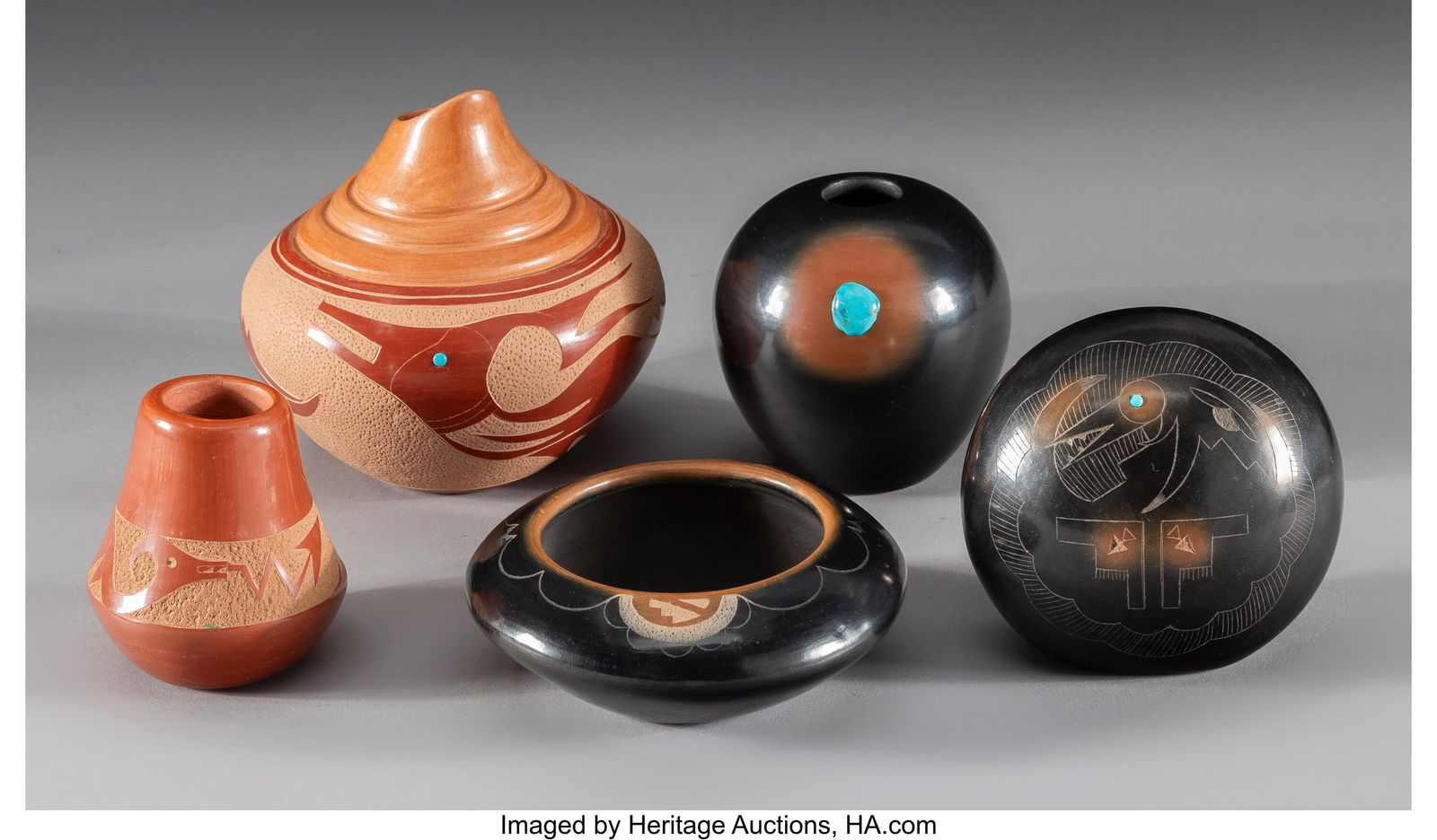 Five Southwest Red / Blackware Pottery Items c.: Five Southwest Red / Blackware Pottery Items c. 1980 including two etched redware jars, one signed Juan Tafoya, San Ildefonso Pueblo, 1993, the other signed Brenda T