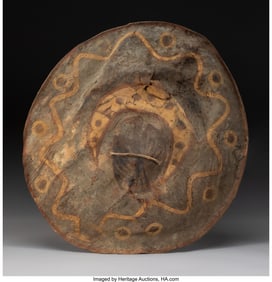 70158: A Pueblo Painted Buffalo Hide Shield c. 1820 b