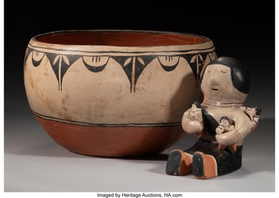 70065: Two Cochiti Polychrome Pottery Items c. 1945 an