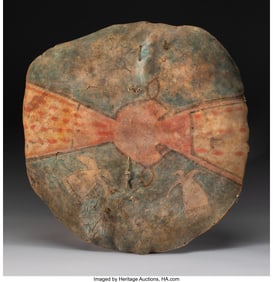 70159: A Pueblo Painted Buffalo Hide Shield c. 1800 b