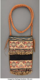 70249: A Cree Quilled Hide Pouch c. 1800 - 1850 blue