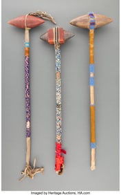 70168: Three Sioux Beaded Stonehead Clubs c. 1890 wo