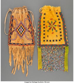 70169: Two Apache Beaded Hide Drawstring Pouches c. 18
