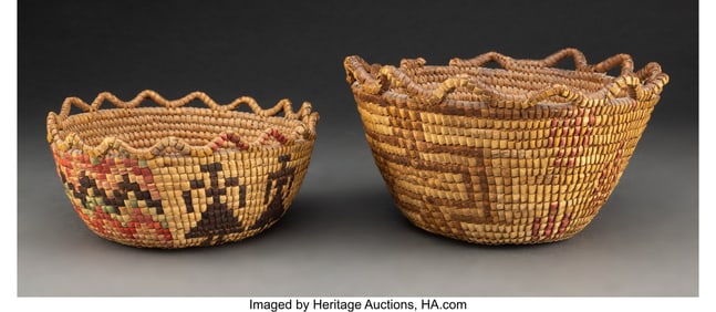 70255: Two Klickitat Polychrome Baskets c. 1900 cedar