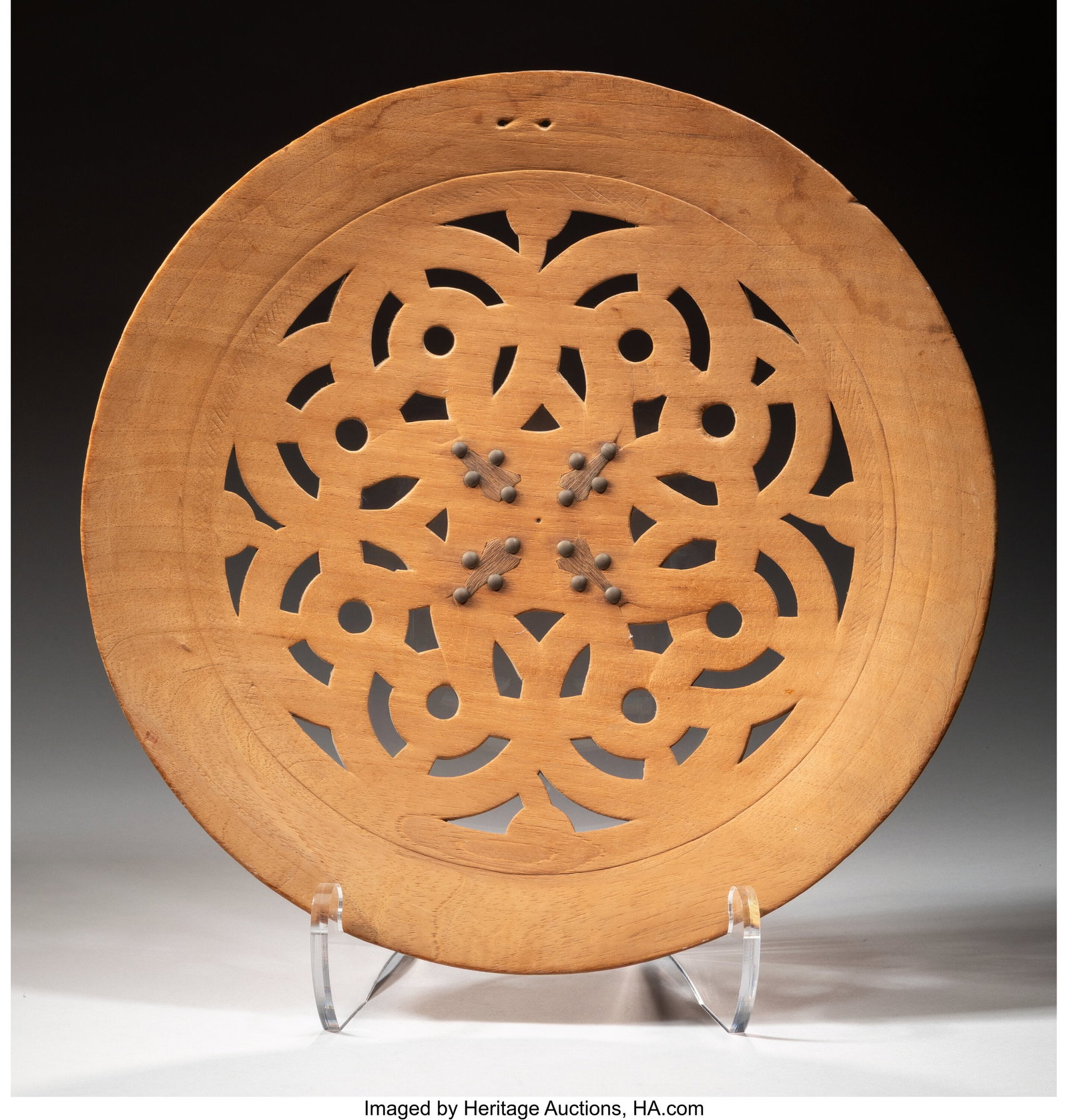A Maroon or Djuka Wood Tray Suriname, 20th cent: A Maroon or Djuka Wood Tray Suriname, 20th century Wood a natural brown color, openwork designs, brass tacks and decorative inlay near center. In very good condition. D