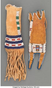70189: Two Cheyenne Beaded Hide Pouches c. 1875 hide,