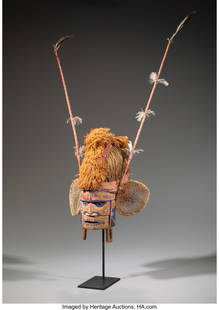 70382&colon; A Tatanua Mask  New Ireland&comma; 20th century  A com: A Tatanua Mask New Ireland&comma; 20th century A complete mask and headdress&period; The wood mask painted with blue&comma; black&comma; white&comma; and traces of red pigments&comma; inset shell eyes