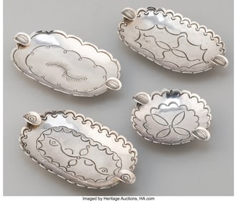70386: Four Navajo Ashtrays engraved silver, copper