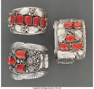70388&colon; Three Navajo Jewelry Items   including a watch b: Three Navajo Jewelry Items including a watch band stamped AL&comma; Sterling&semi; and two cuff bracelets&comma; one stamped AL&comma; Sterling&comma; the other stamped G&comma; Sterling&comma; silver