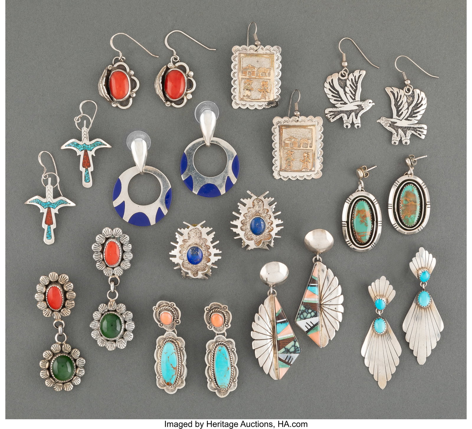 Eleven Pairs of Southwest Earrings Lengths: ra: Eleven Pairs of Southwest Earrings Lengths: ranging from 1 to 2 &frac12; inches HID03101062020 © 2024 Heritage Auctions | All Rights Reserved www.HA.com/Texa