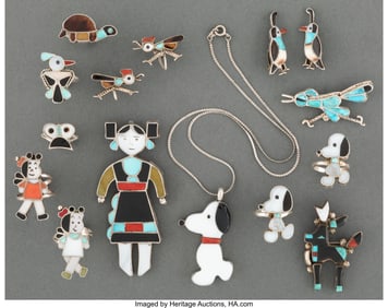 70393: Thirteen Zuni Jewelry Items including a pendan