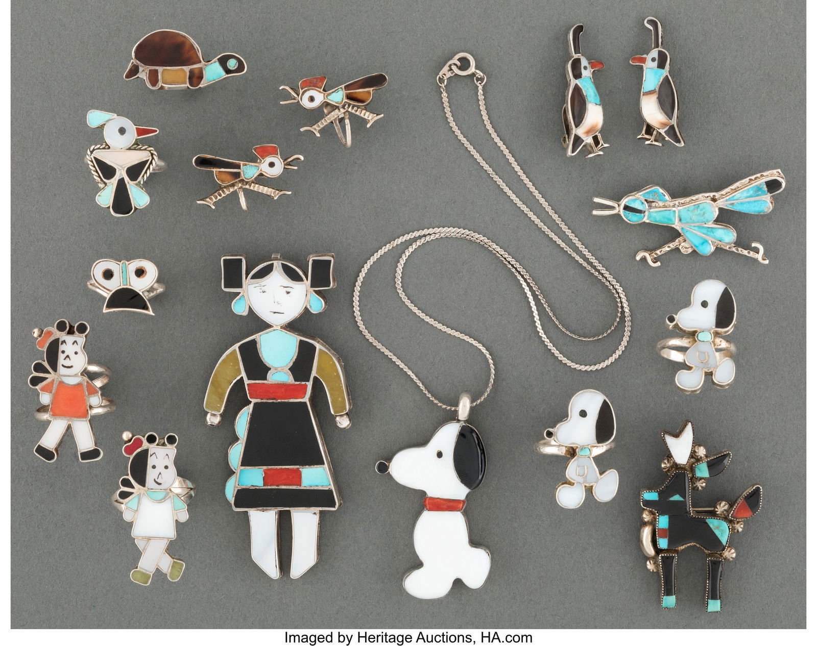Thirteen Zuni Jewelry Items   including a pendan (1 of 2)