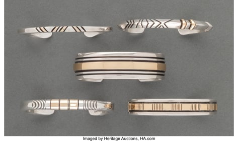 70396: Five Navajo Bracelets one signed L. Nez, 14K,