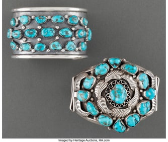 70402: Two Navajo Cuff Bracelets silver, turquoise W