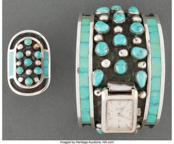70410: A Zuni Jewelry Suite including a watch band c