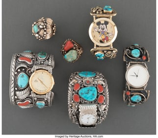 70413: Six Navajo Jewelry Items c. 1970 including tw